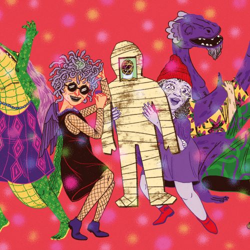 Colorful characters in costumes dancing on a red background