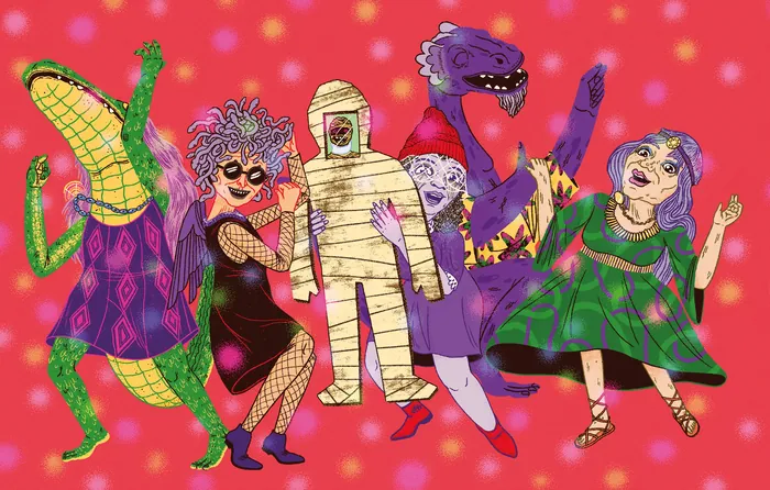 Colorful characters in costumes dancing on a red background
