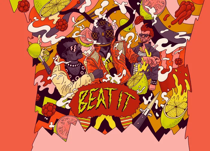 Colorful beer can design with three musicians and vibrant patterns
