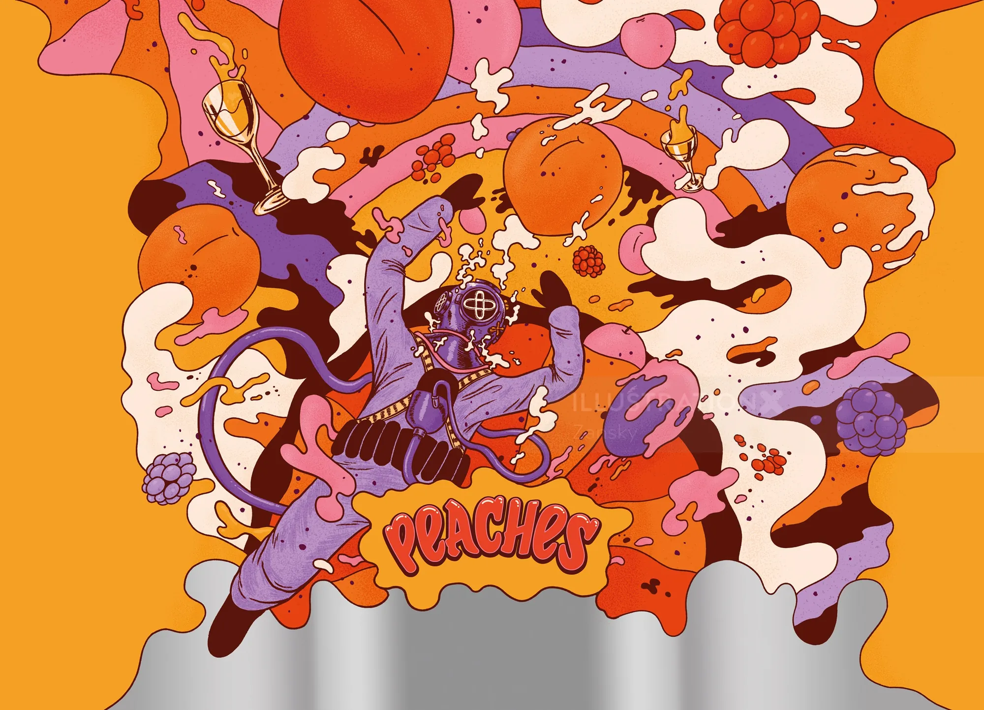 Colorful illustration of an astronaut with peaches and abstract shapes