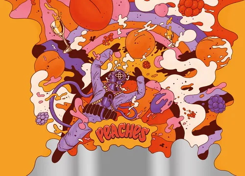 Colorful illustration of an astronaut with peaches and abstract shapes