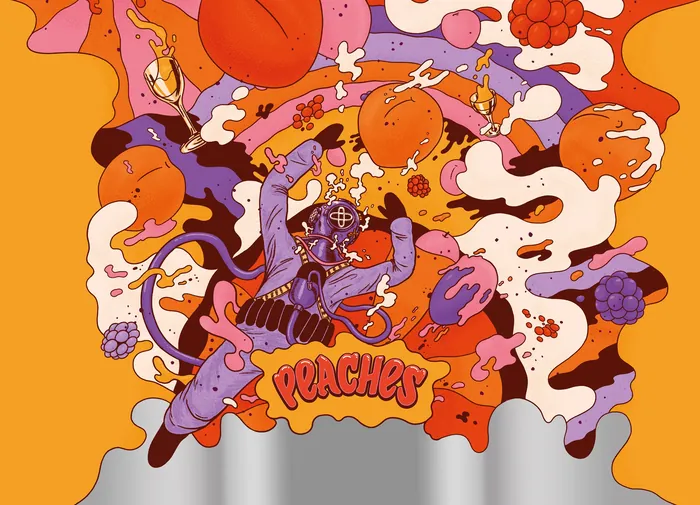 Colorful illustration of an astronaut with peaches and abstract shapes