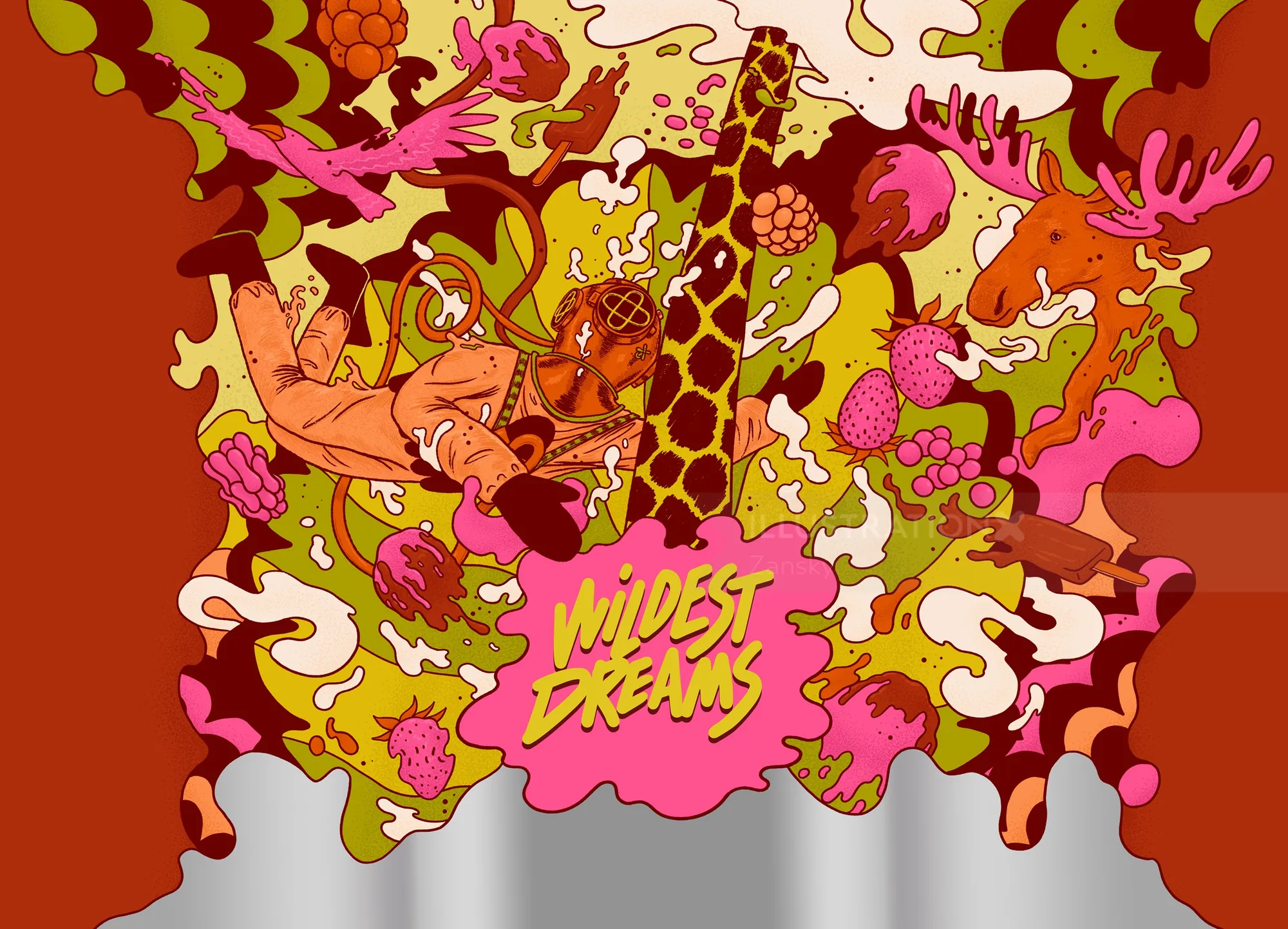 Colorful abstract beer can design with wild animals and vibrant patterns