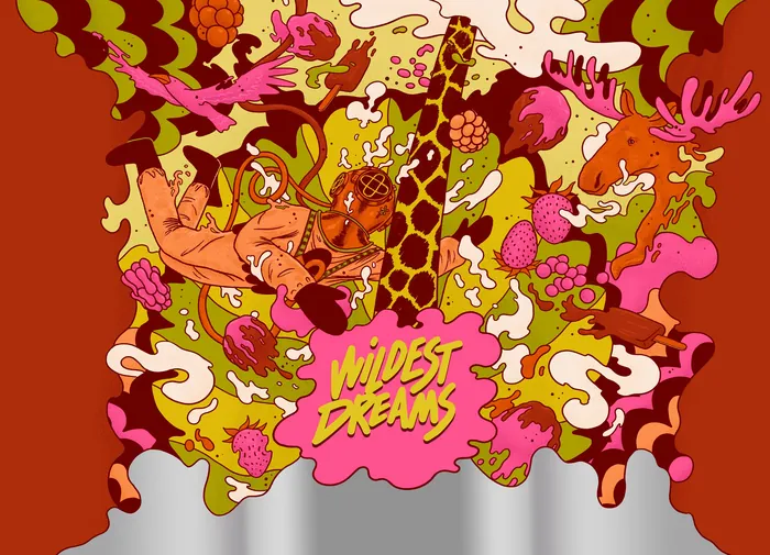 Colorful abstract beer can design with wild animals and vibrant patterns