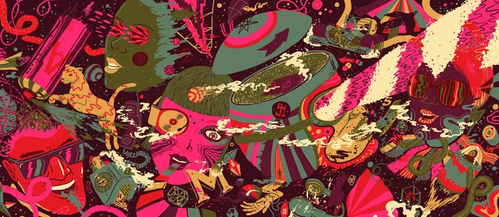 Colorful abstract pattern with red, pink, and green shapes