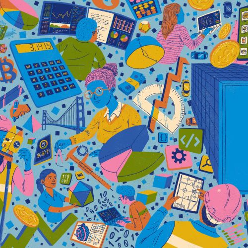 Colorful illustration of people, technology, and education elements