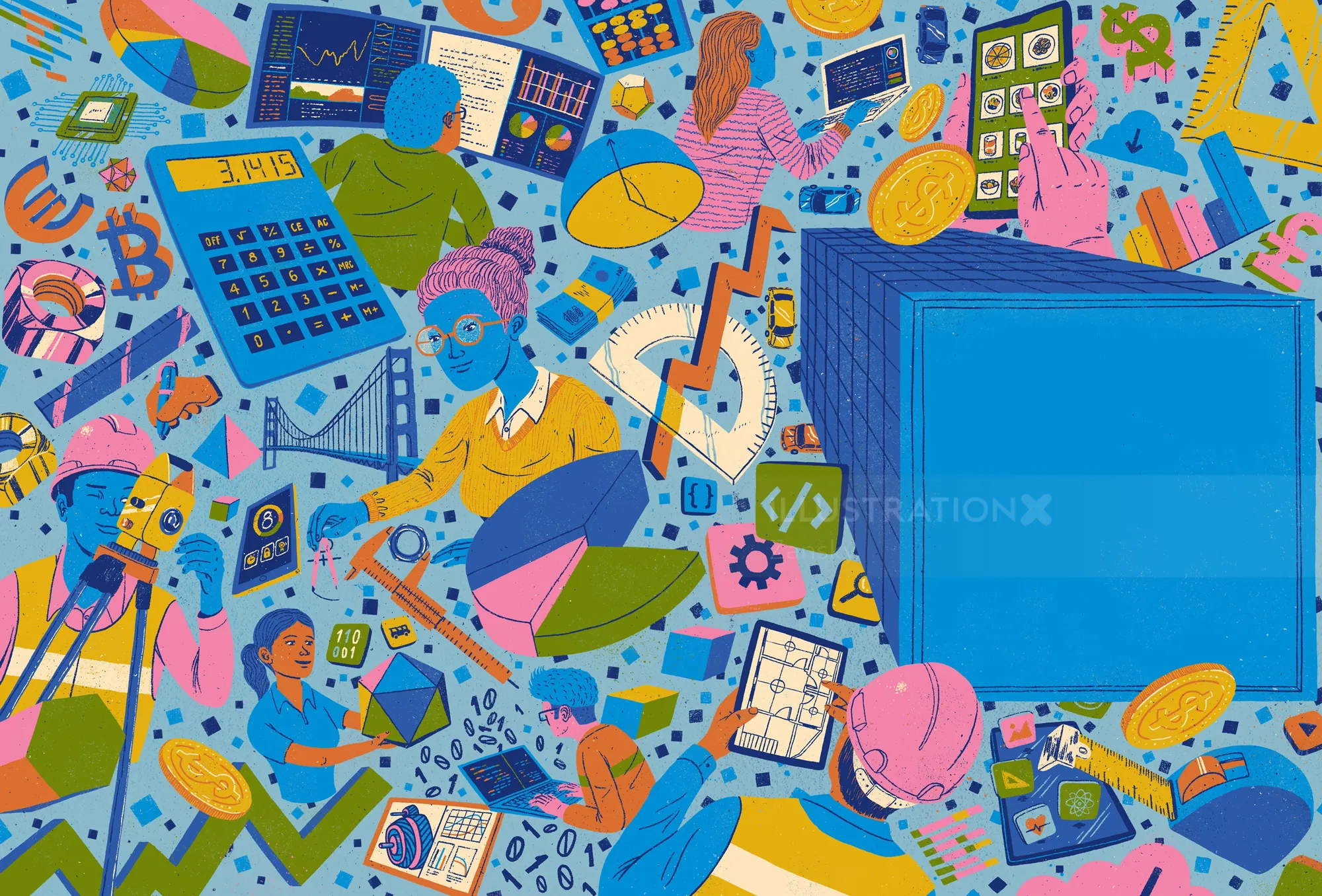 Colorful illustration of people, technology, and education elements