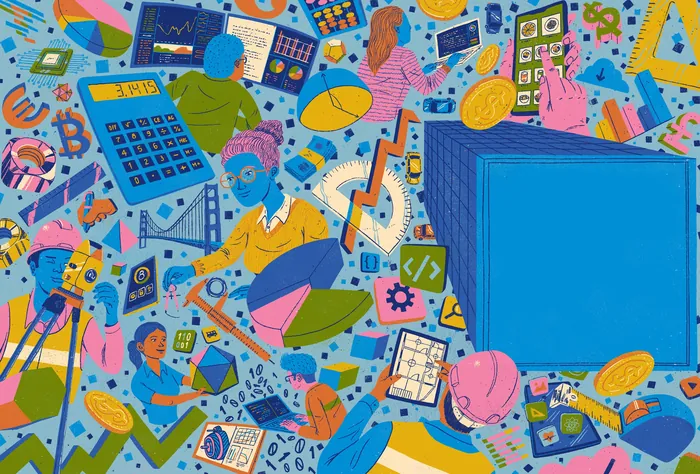 Colorful illustration of people, technology, and education elements