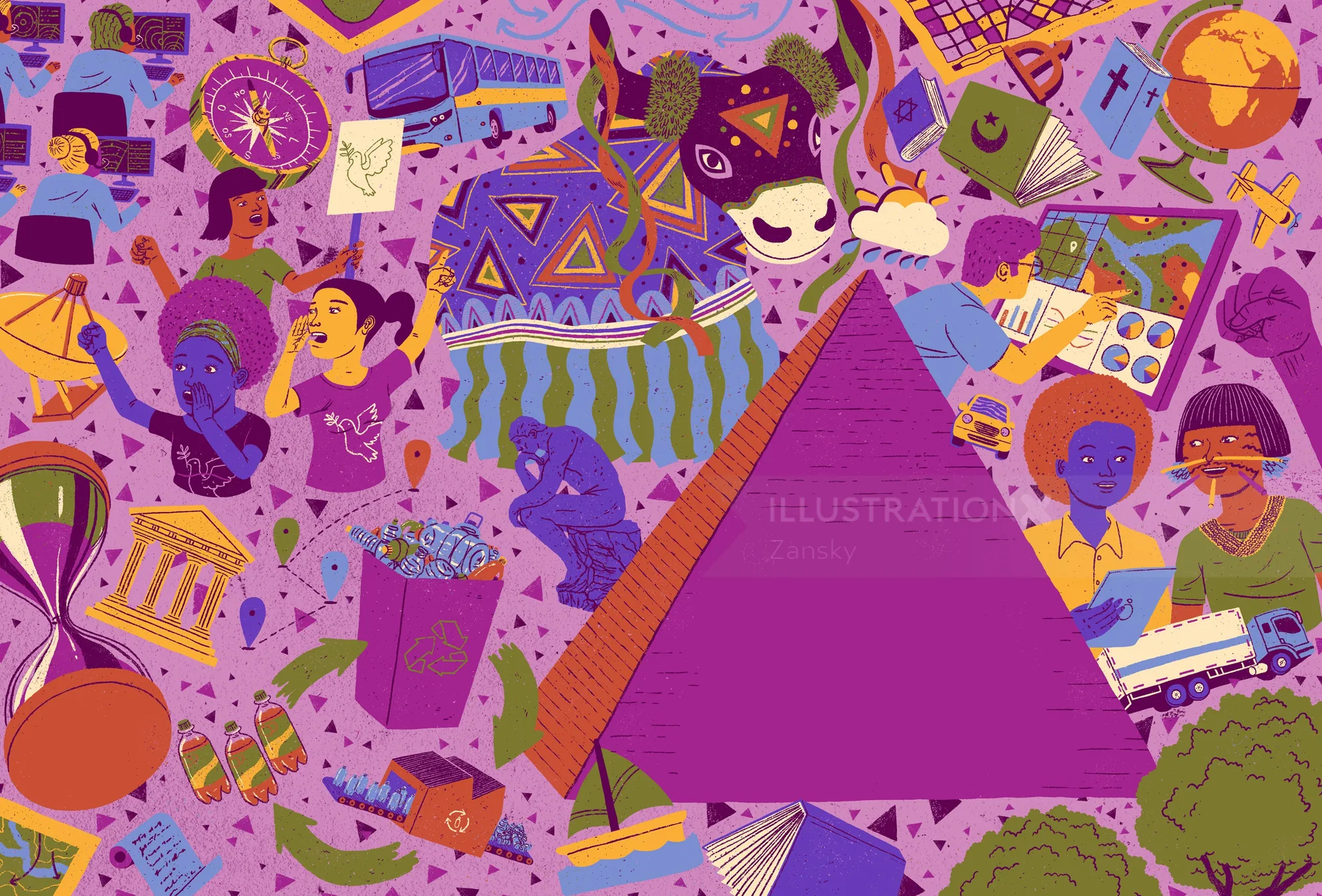 Colorful illustration of books, masks, pyramid, globe, and cultural symbols