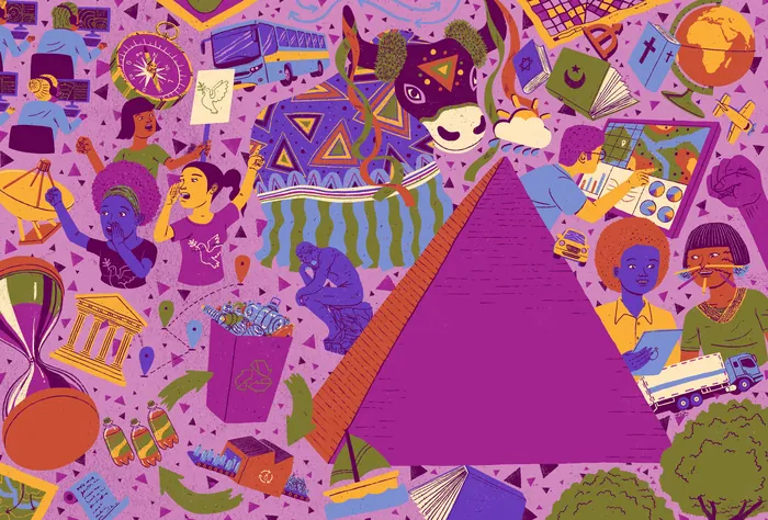 Colorful illustration of books, masks, pyramid, globe, and cultural symbols
