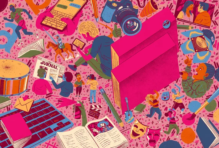 Colorful illustration of books, musical instruments, and art supplies