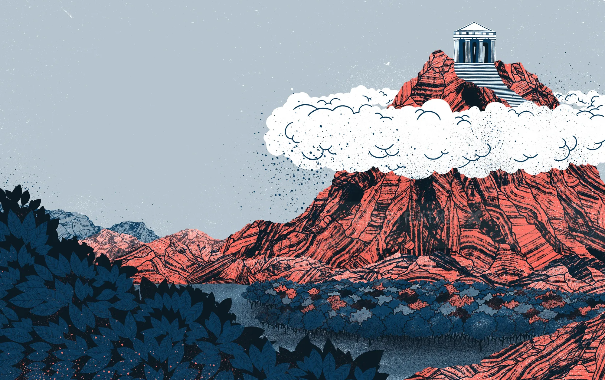 Illustration of a mountain with ancient temple and Hercules figure