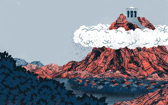 Illustration of a mountain with ancient temple and Hercules figure