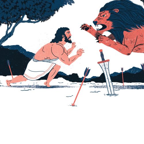 Hercules battling the Nemean lion in ancient setting