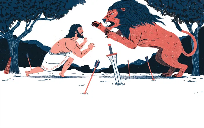 Hercules battling the Nemean lion in ancient setting