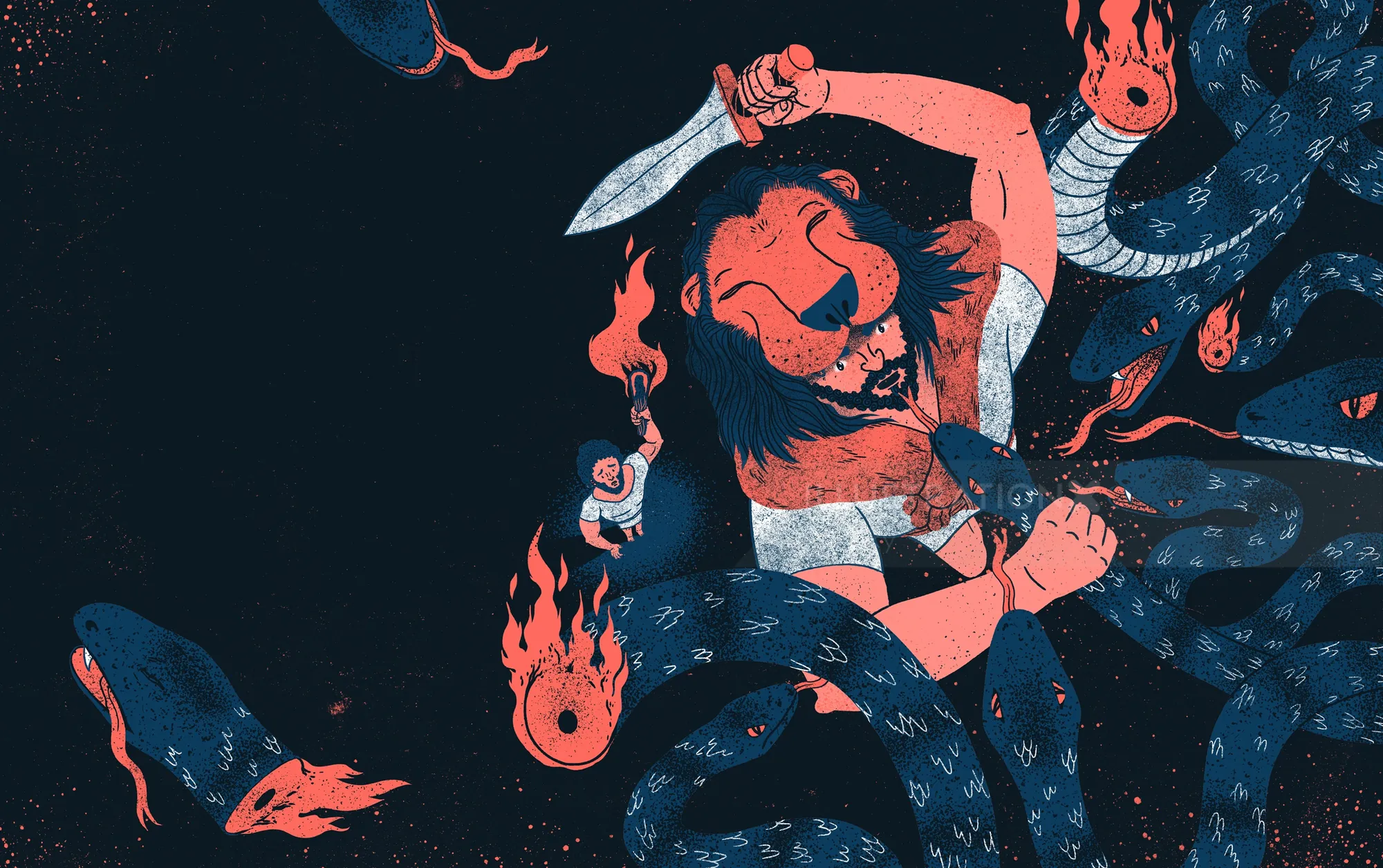 Hercules fighting the multi-headed Hydra with a sword and torch