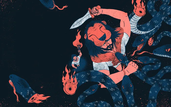 Hercules fighting the multi-headed Hydra with a sword and torch