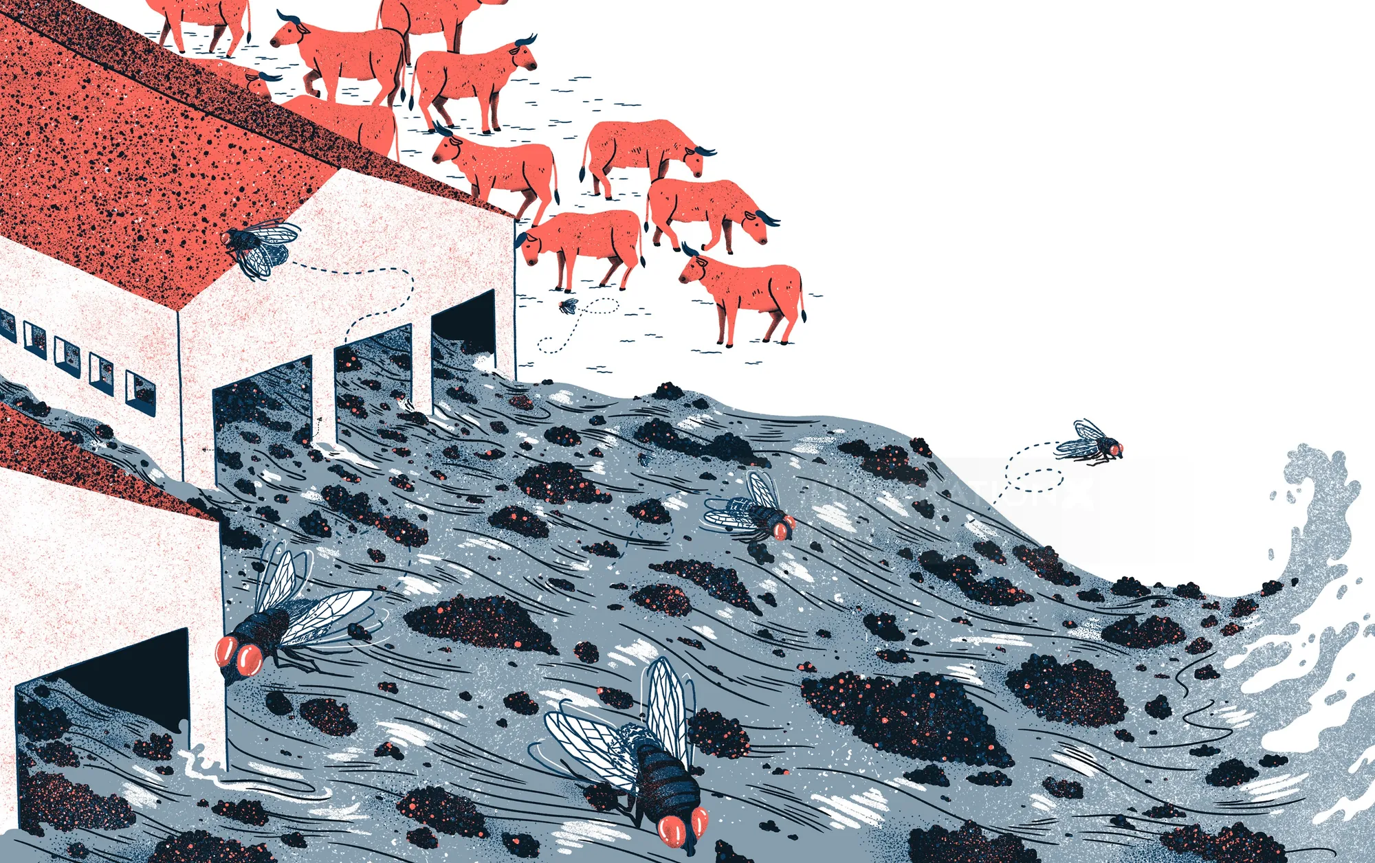 Illustration of red cows and flies near polluted water from factory