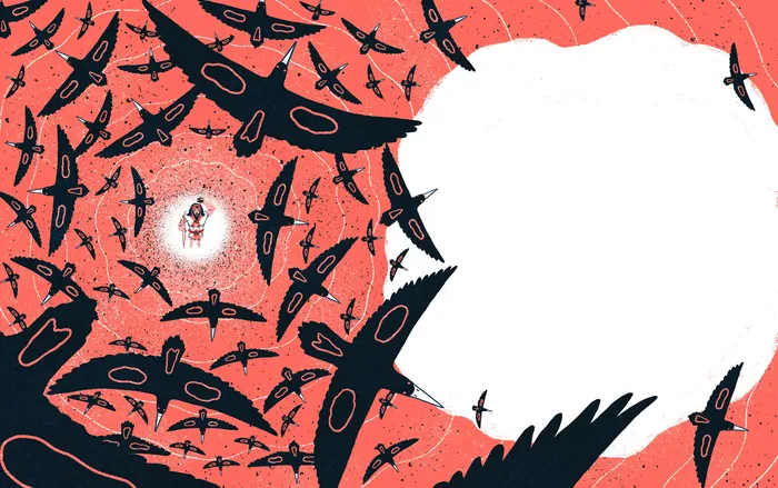Illustration of Hercules surrounded by large black birds on a red background