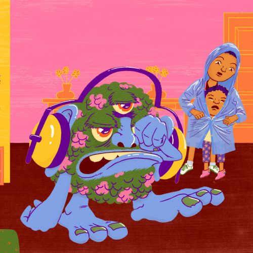 Illustration of person reading newspaper with silence text and angry germ with children