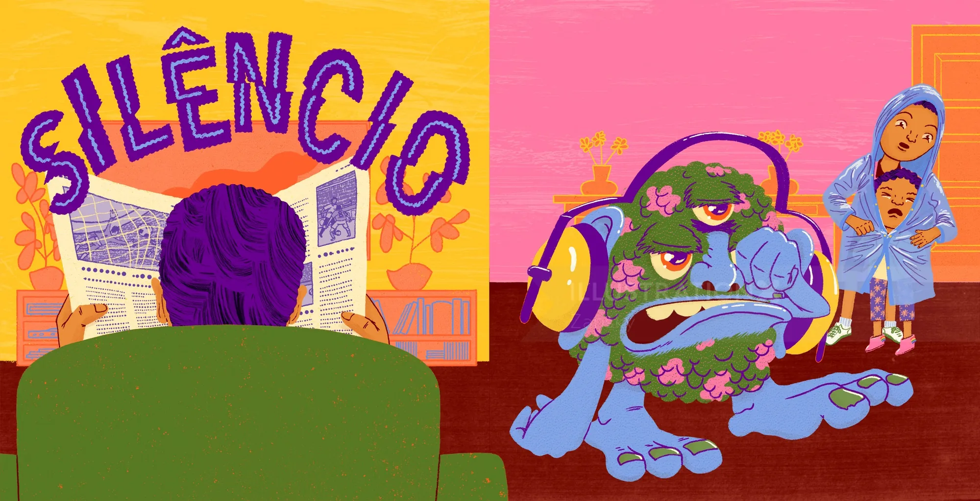 Illustration of person reading newspaper with silence text and angry germ with children