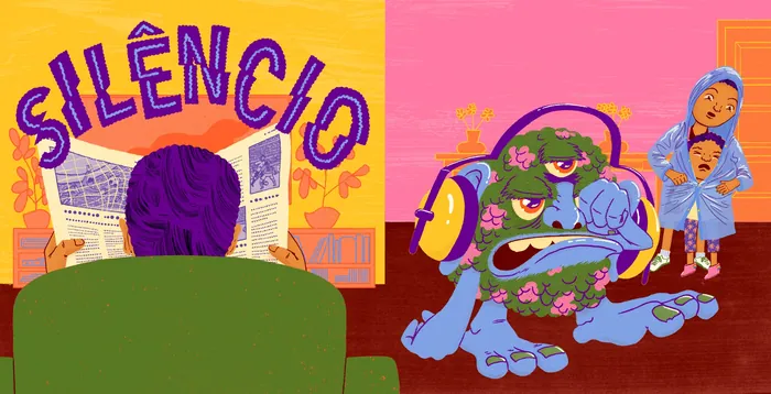 Illustration of person reading newspaper with silence text and angry germ with children