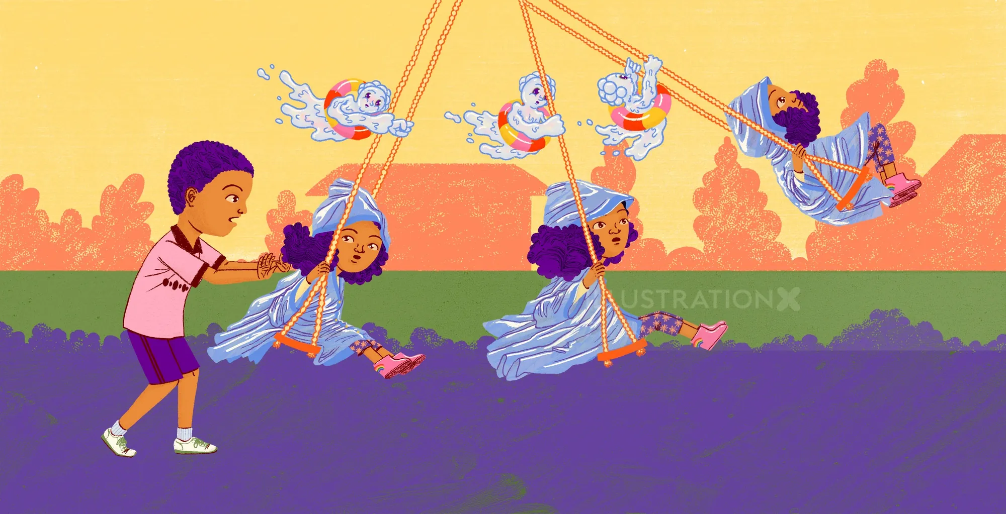 Children playing on swings with one child pushing others outdoors