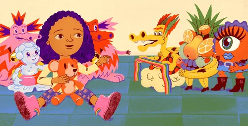 Mia holding teddy bear surrounded by colorful imaginary creatures by Zansky