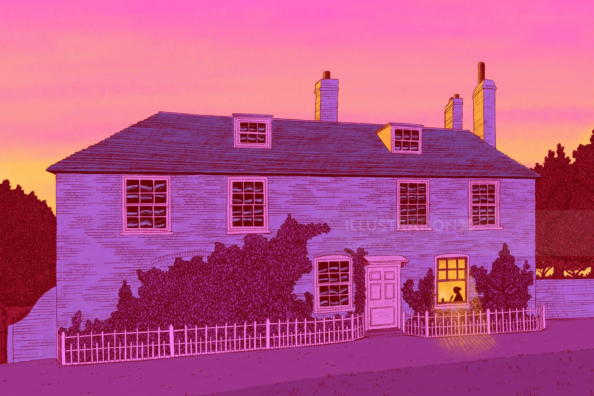 Illustrated house at sunset with cat silhouette in window by Zansky