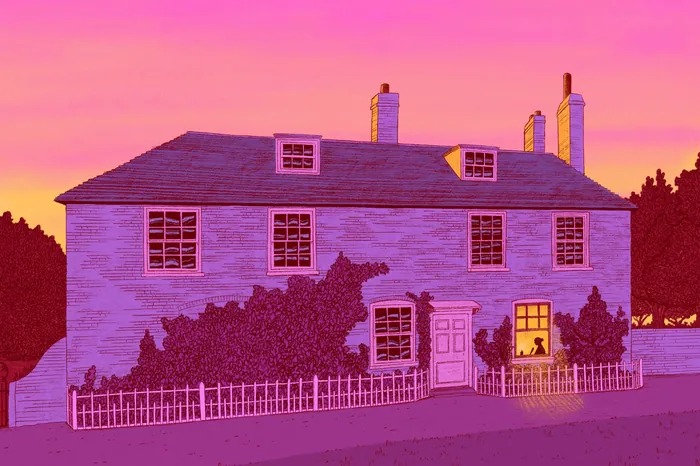 Illustrated house at sunset with cat silhouette in window by Zansky