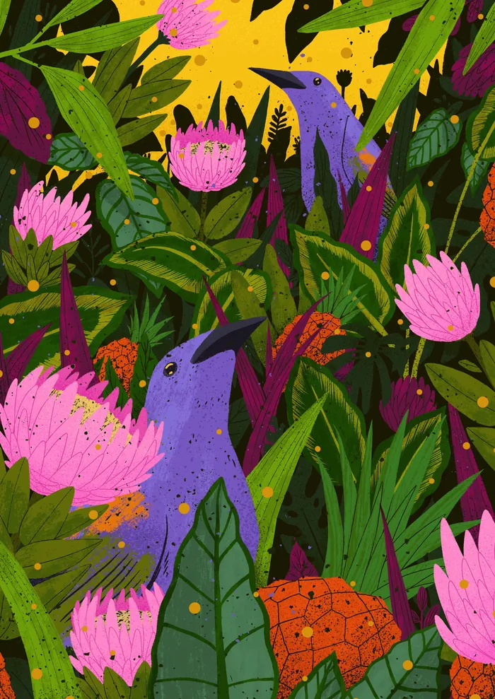 Illustration of colorful birds and tropical flowers by Zansky