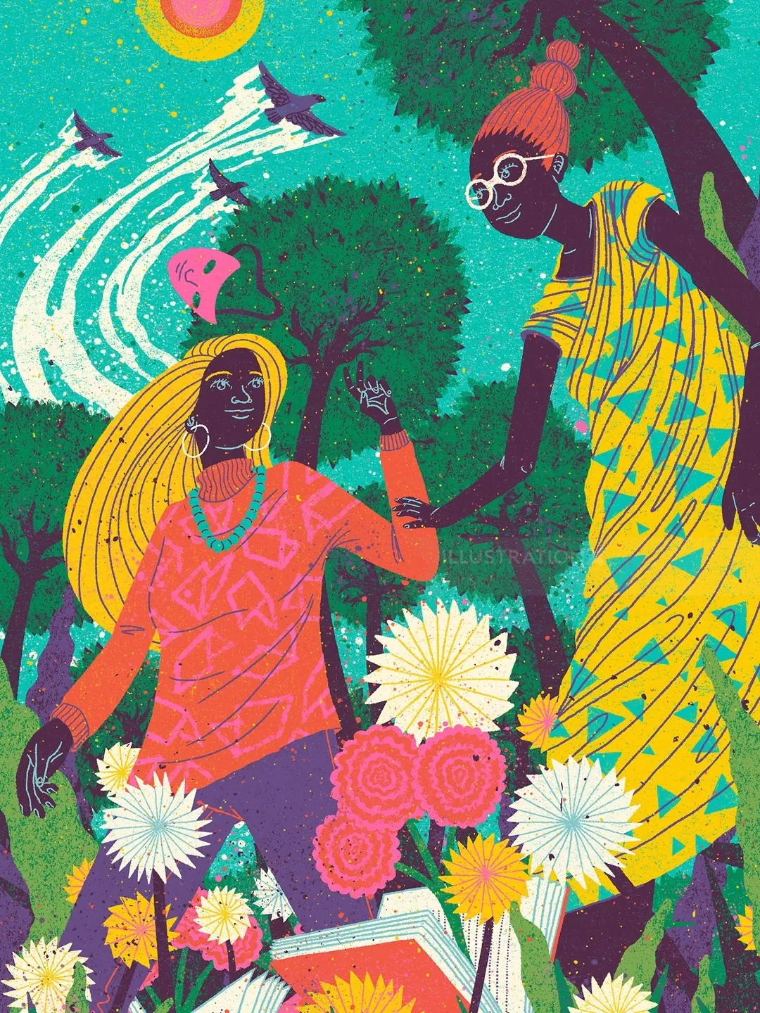 Two women in colorful clothes in nature with trees, flowers, and birds by Zansky