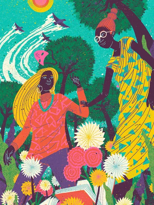 Two women in colorful clothes in nature with trees, flowers, and birds by Zansky