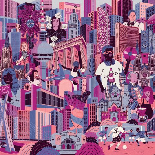 Colorful cityscape with iconic German landmarks and people, by Zansky