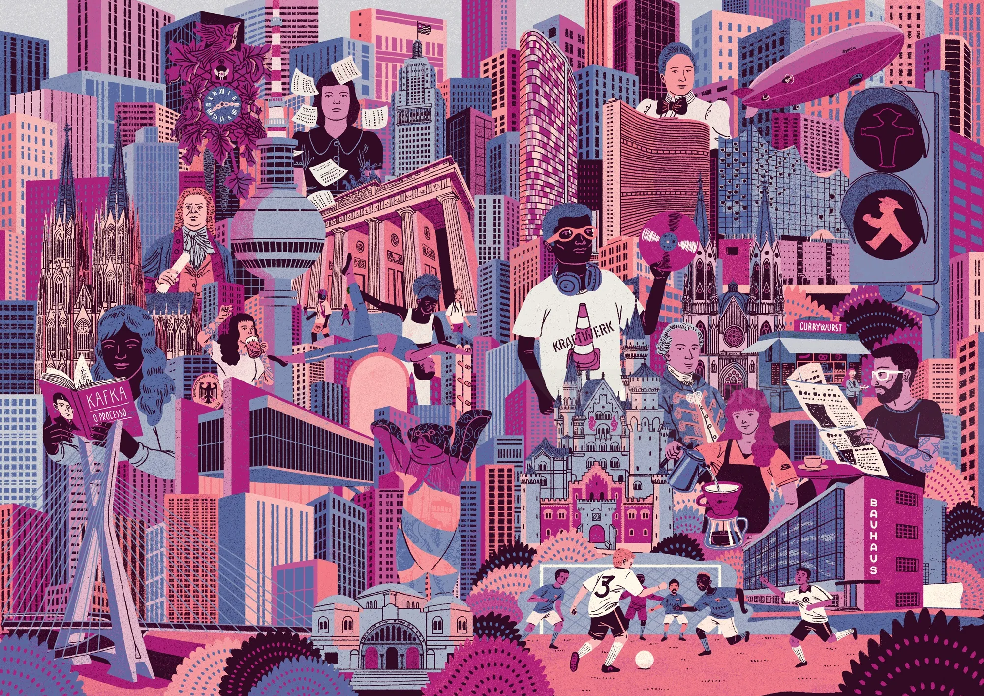 Colorful cityscape with iconic German landmarks and people, by Zansky