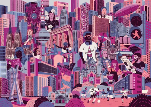 Colorful cityscape with iconic German landmarks and people, by Zansky