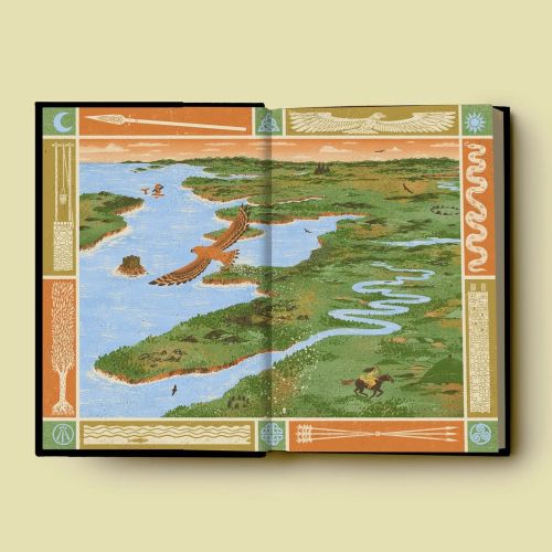 Zansky illustration of an open book depicting a winding river and green landscape