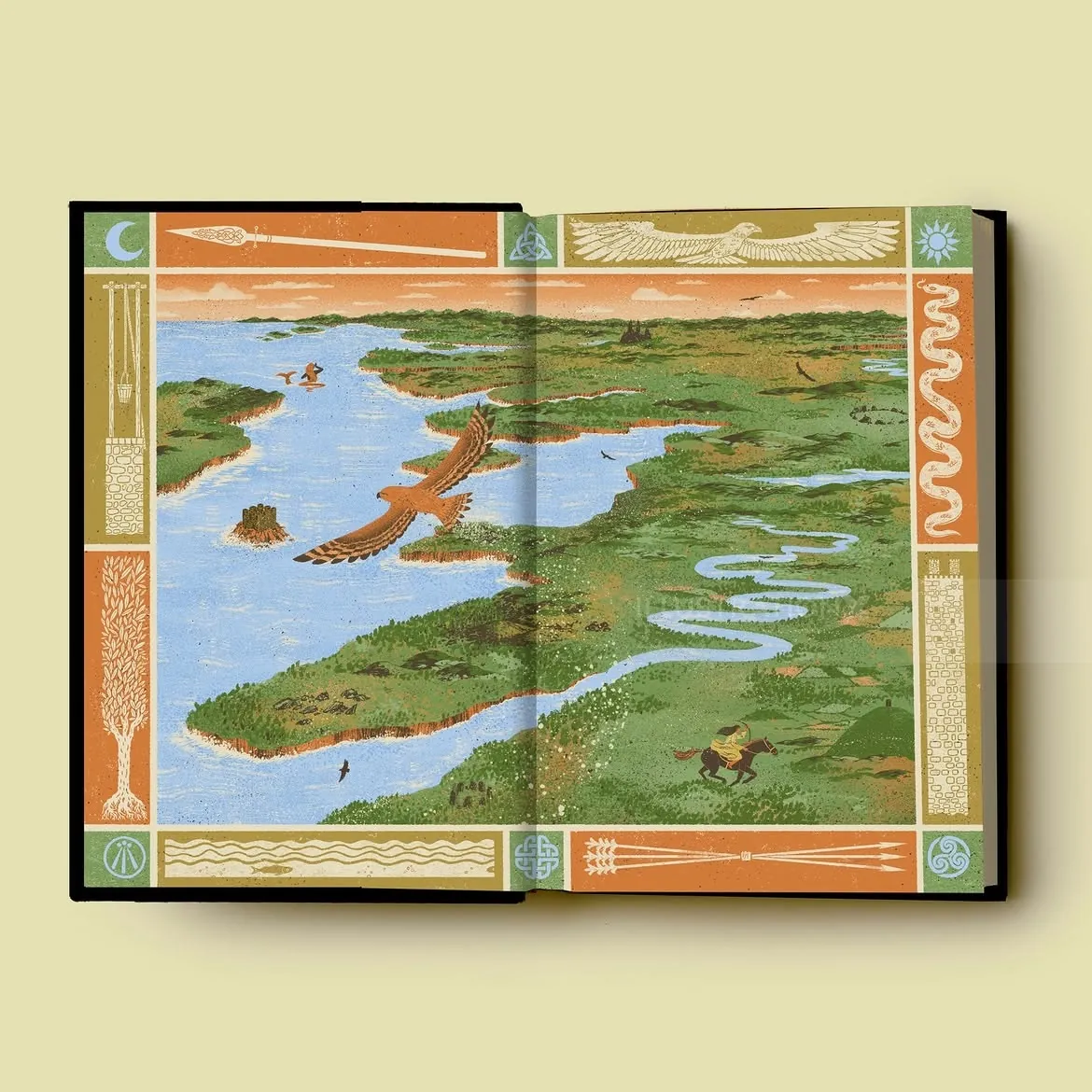 Zansky illustration of an open book depicting a winding river and green landscape
