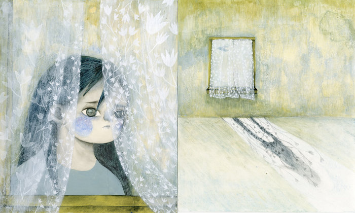 Ilustração de uma menina em pé na janela da frente