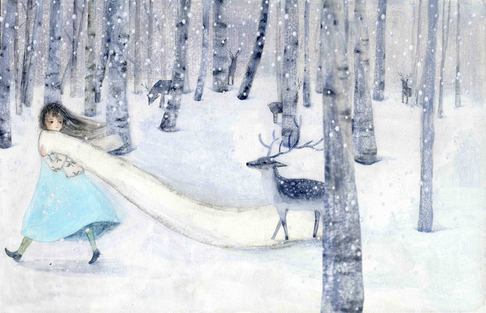 Pintura em aquarela de cervo da neve
