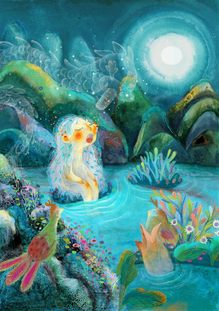 儿童书夜森林的水彩插图