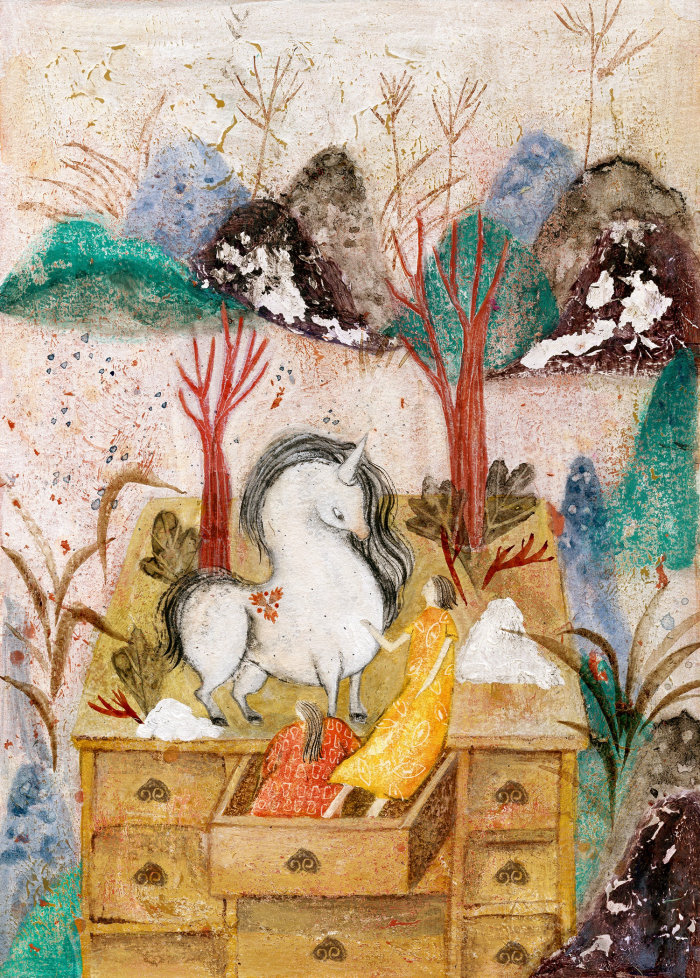 Pintura em aquarela de mulheres com cavalo