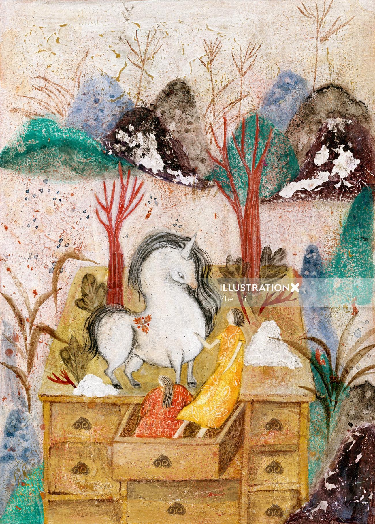 馬を持つ女性の水彩画