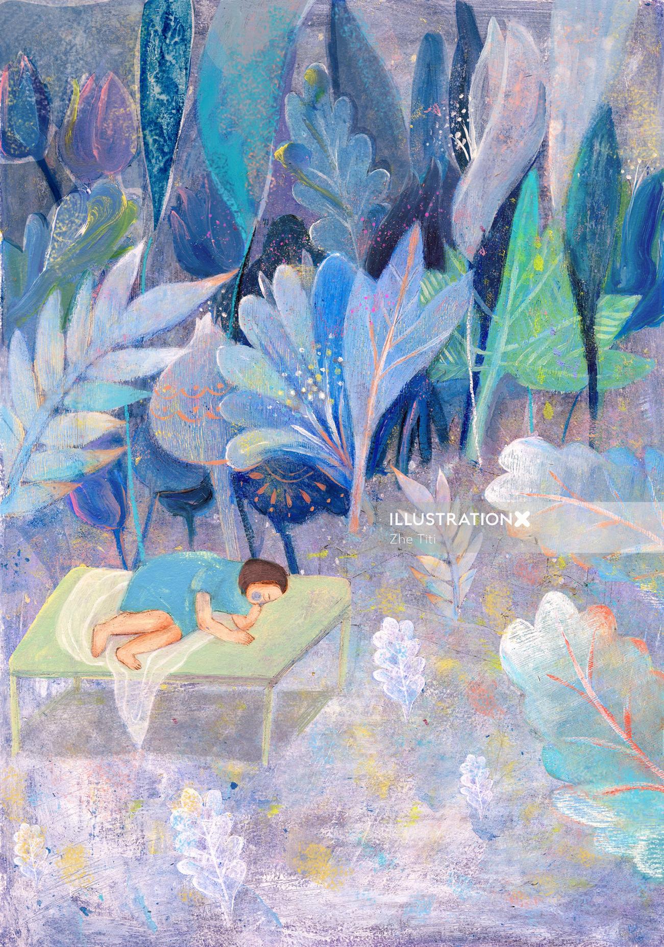 Arte contemporânea de dormir na floresta