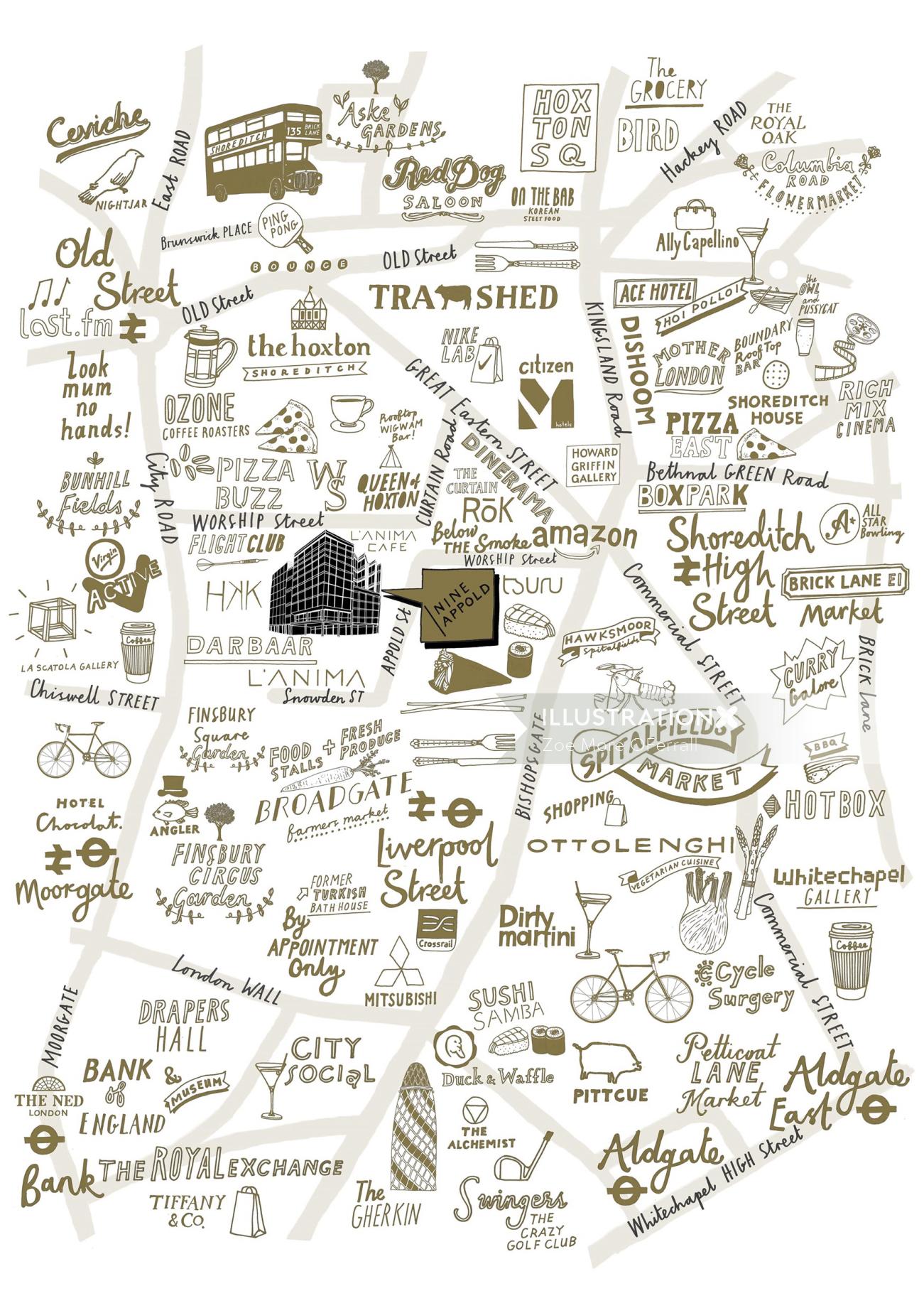 ゾーイモアオフェラルによるロンドンの街路図のイラスト