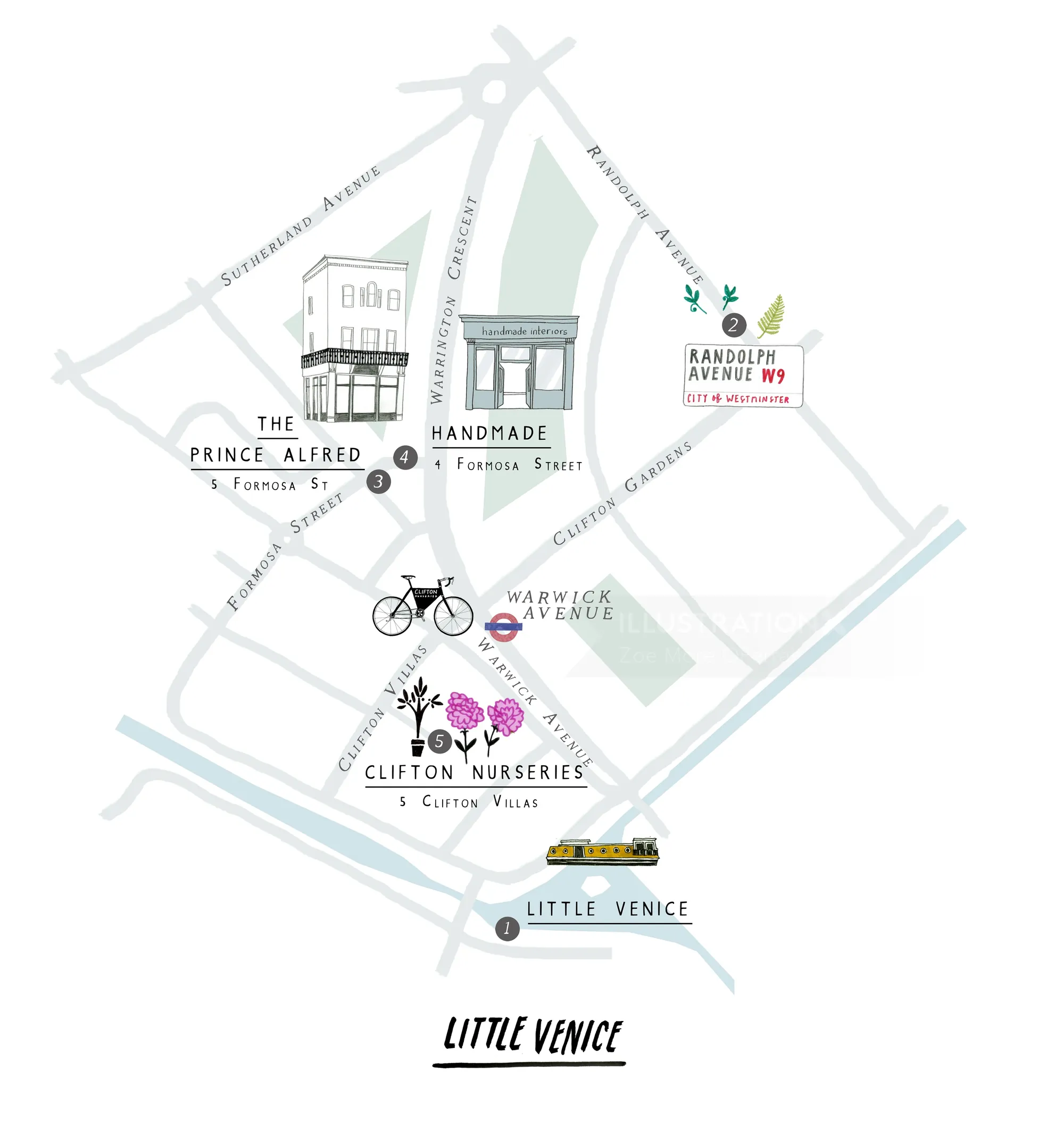 Illustrated street map of Little Venice area by Zoë More OFerrall