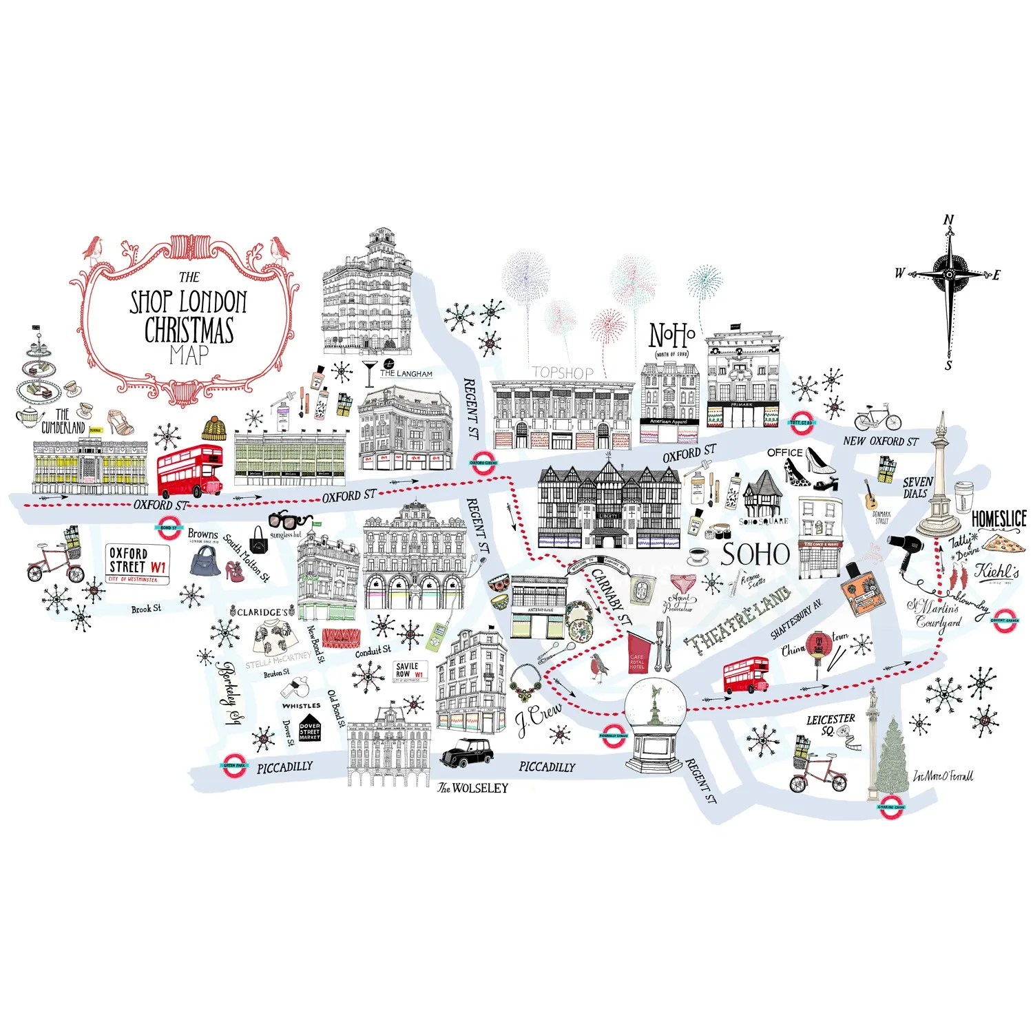 Christmas shopping map of London featuring famous landmarks by Zoë More OFerrall