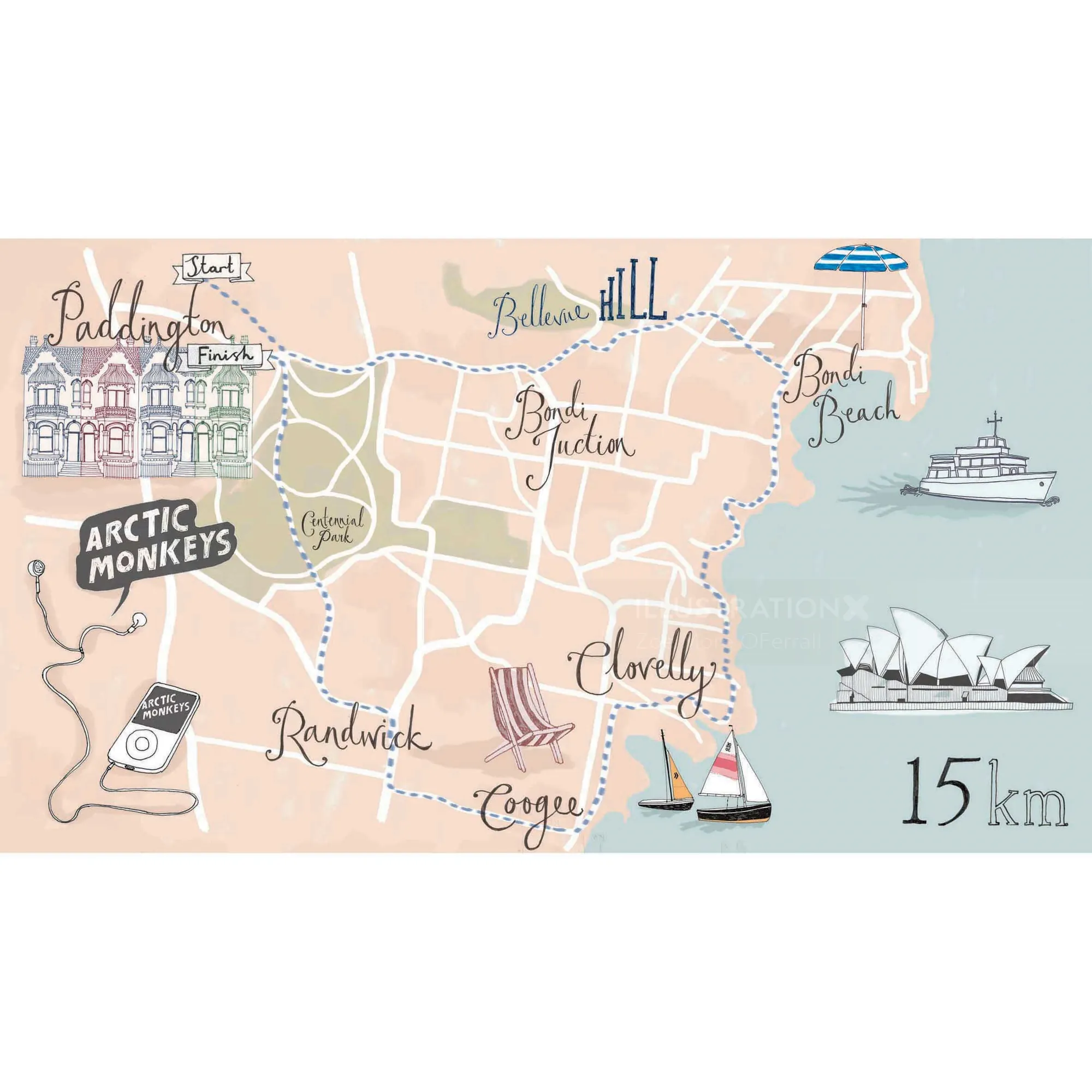 Stylized map of Sydney neighborhoods by Zoë More OFerrall