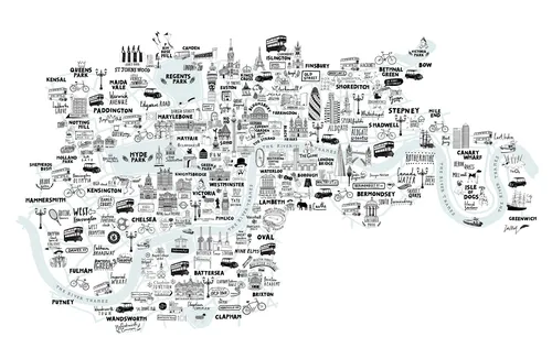 London locations calligraphy illustration by Zoe More O'Ferrall