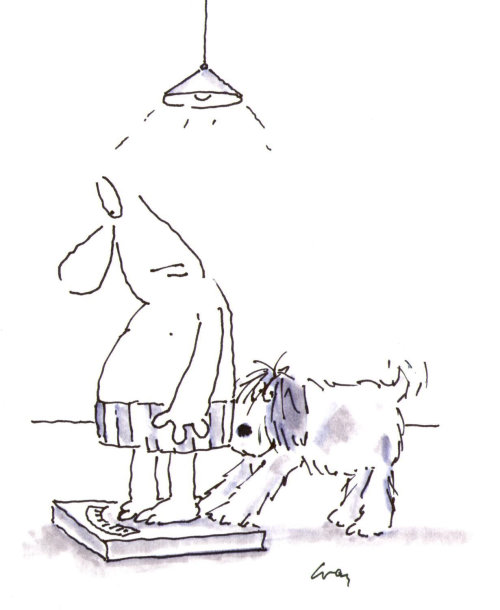 Homem e cachorro na balança pessoal - ilustração dos desenhos animados por Gray Jolliffe